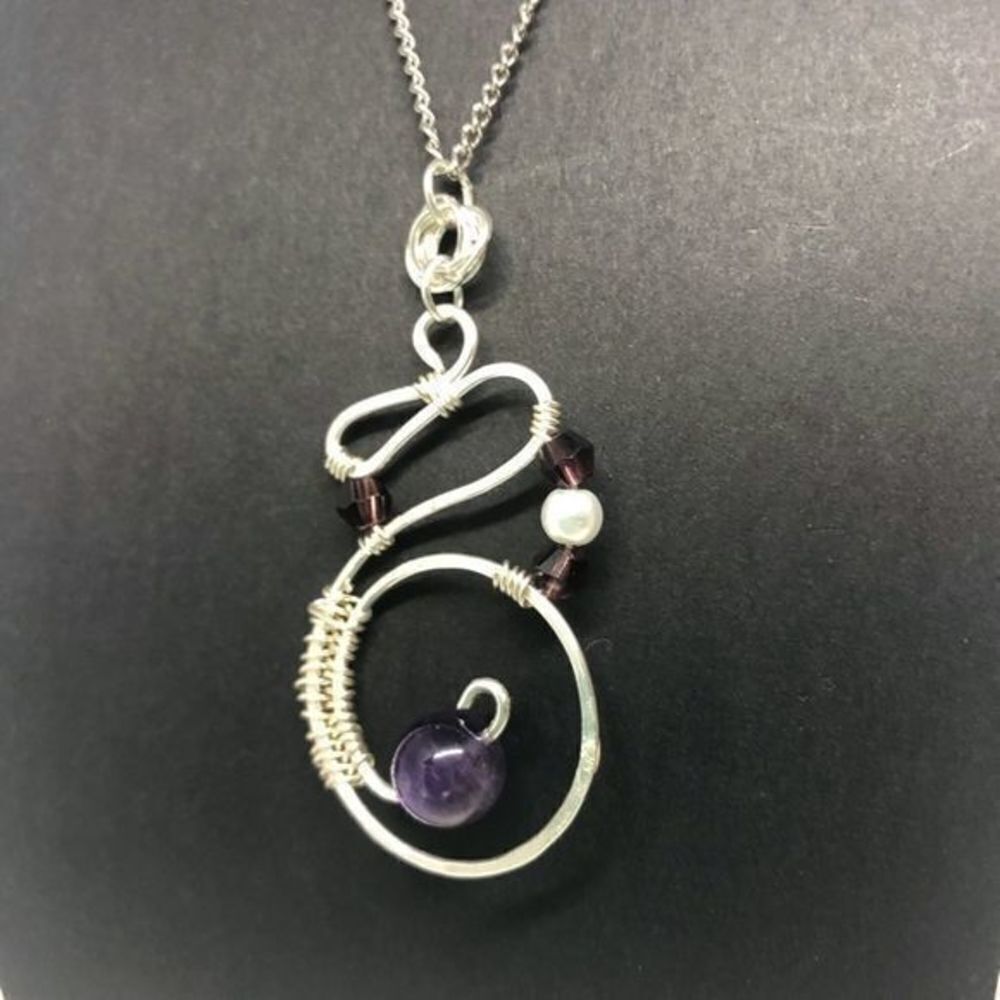 Silver Aluminum Hammered Finish Swirl Pendant with Amethyst, Pearl and Crystal ( - Picture 2 of 4